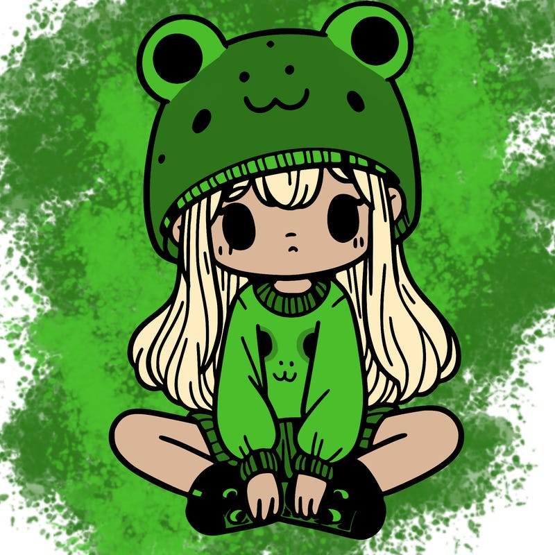 a girl wearing a frog hat and some frog socks