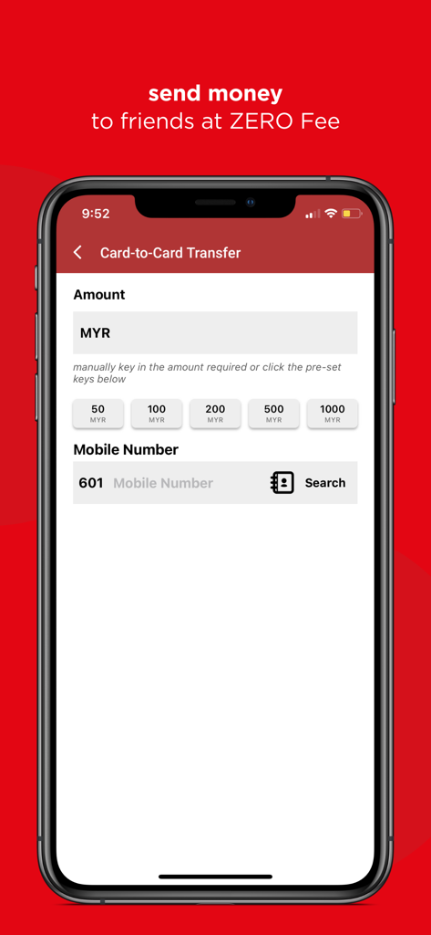 Merchantrade Money app interface showing card to card transfer screen for sending money to friends with zero fee.