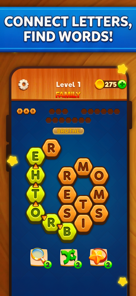 Word Seekers - Gameplay screen of Word Seekers showing a word puzzle with hexagonal letter tiles and family category.