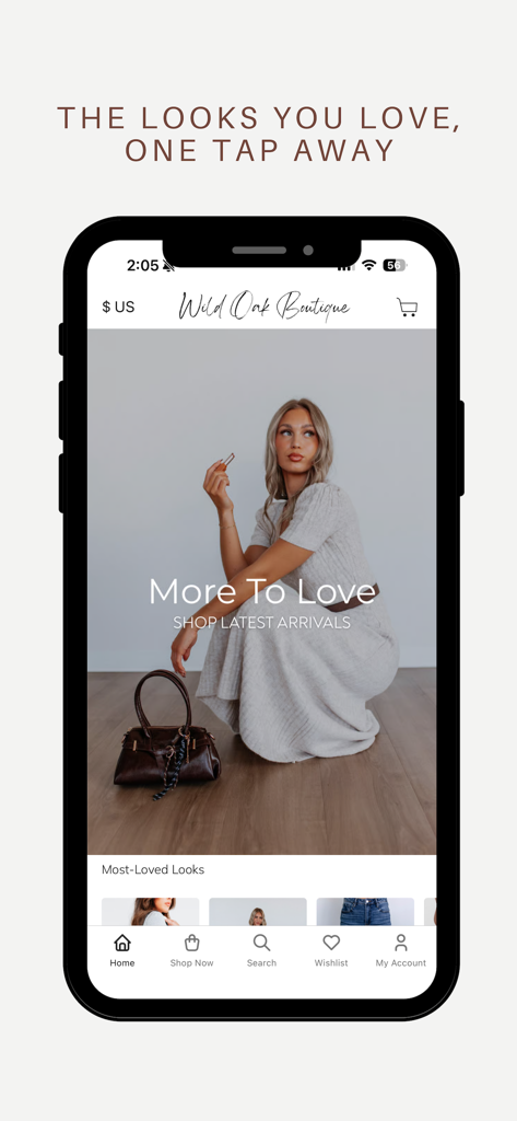 Wild Oak Boutique - Wild Oak Boutique mobile app home screen featuring women's latest arrivals and fashionable clothing