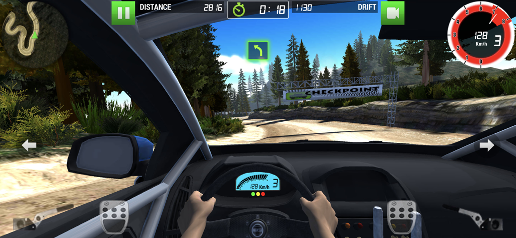 Rally Racer Dirt - First-person cockpit view of a rally car racing on a dirt track approaching a checkpoint