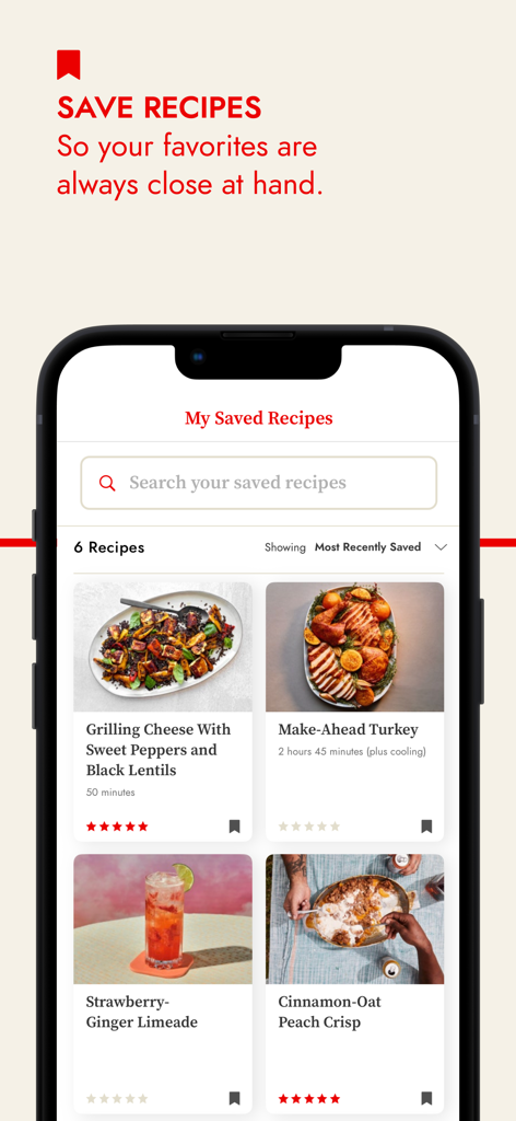 Interface of the Epicurious app showing the My Saved Recipes collection