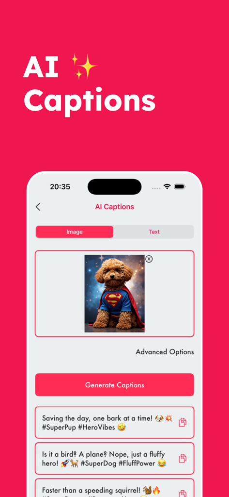 AI caption generator interface within the Repost app showing suggested social media text and hashtags for an image