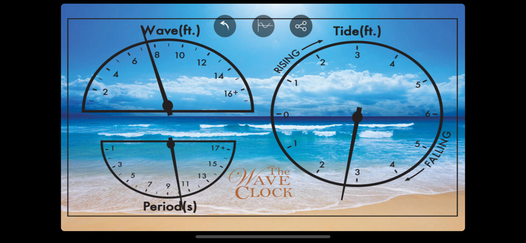 La aplicación Wave Clock mostrando la altura de las olas y los niveles de marea en un panel analógico con un fondo de playa