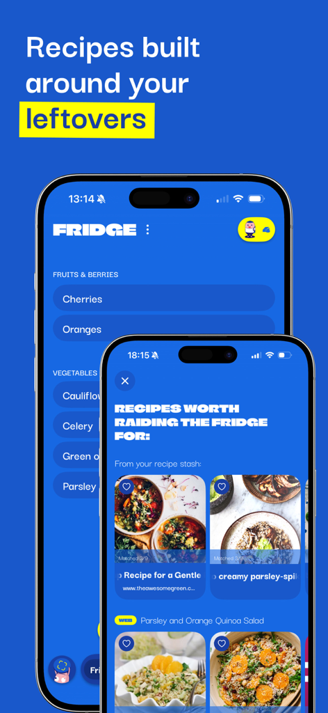 Mobile app interface showing recipe suggestions based on fridge inventory leftovers