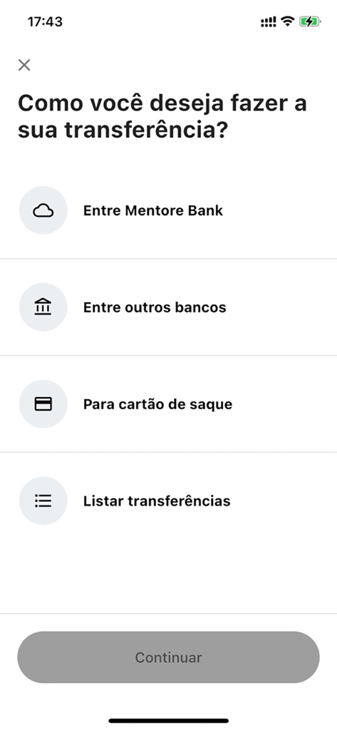 Mentore Bank - Schermata dell'app Mentore Bank che mostra le opzioni di trasferimento, inclusi trasferimenti interni alla banca e trasferimenti ad altre banche