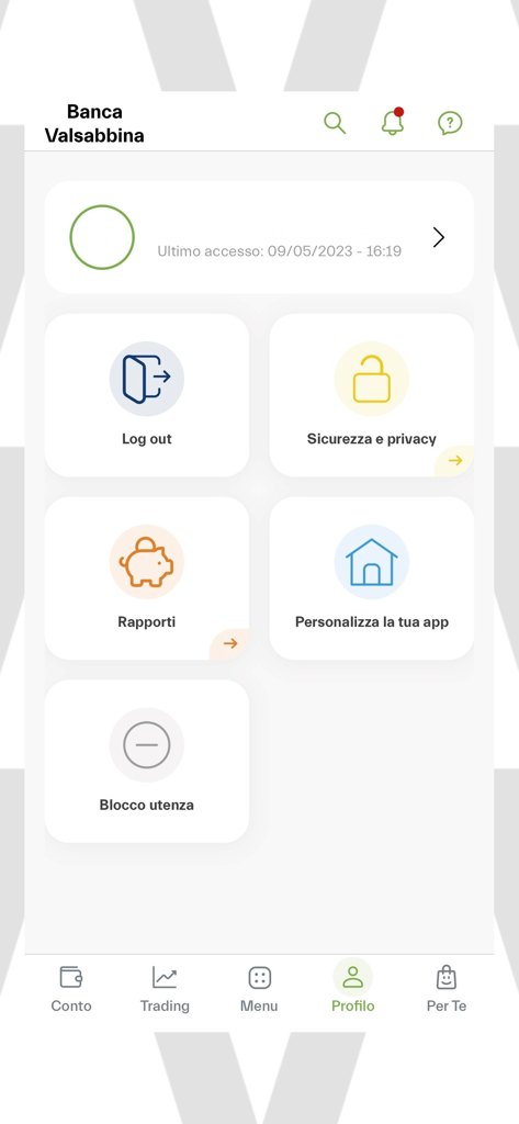 Schermata del profilo utente dell'app mobile Banca Valsabbina che mostra le impostazioni per sicurezza, report e personalizzazione dell'app