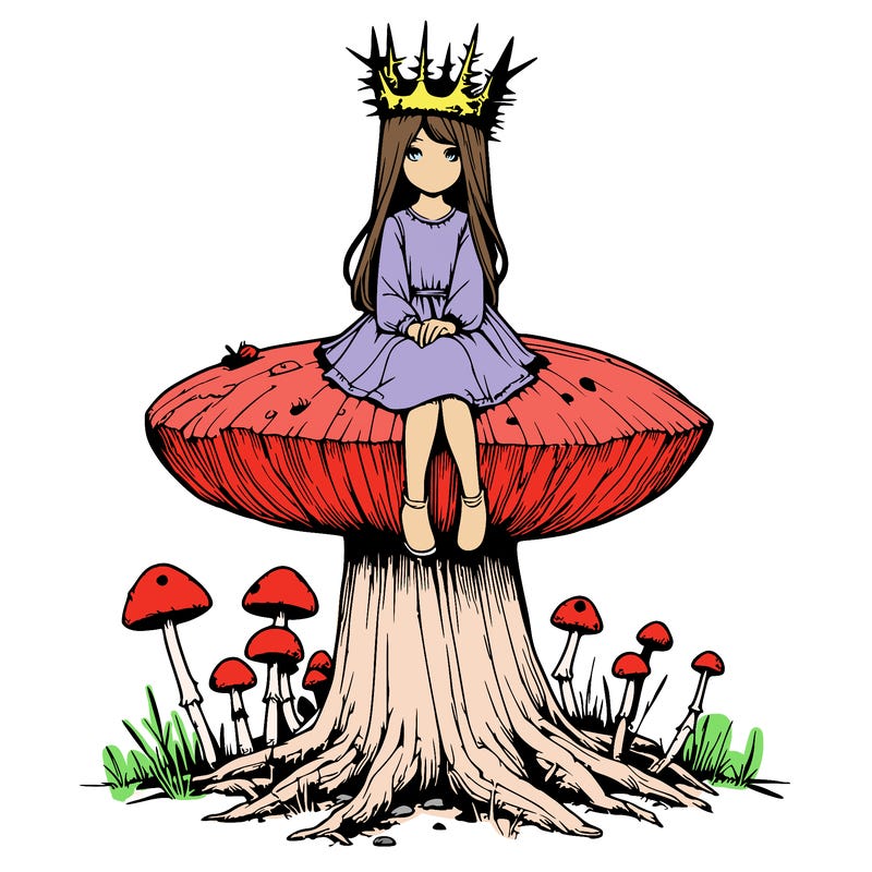 realistic girl sitting on a huge tree stump size toadstool with thorn crown