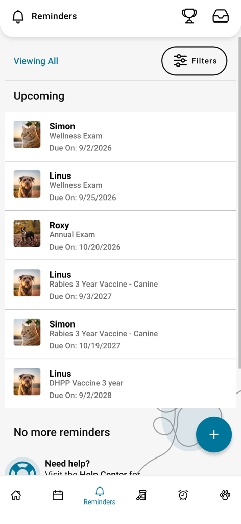 Mobile screen showing upcoming veterinary reminders and vaccination schedules for several pets