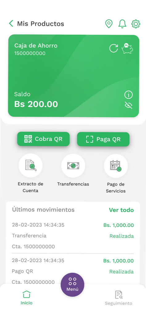 BNB Movil Mobile-Banking-App-Dashboard mit Kontostand und letzten Transaktionen