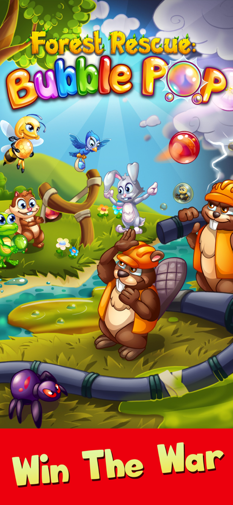 Forest Rescue: Bubble POP - Illustrazione del gioco Forest Rescue Bubble POP con animali del bosco e castori inquinatori