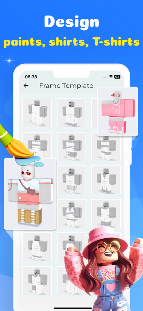 Clothes for Roblox Skins Maker - A mobile app interface displaying various frame templates for designing custom Roblox shirts and pants.