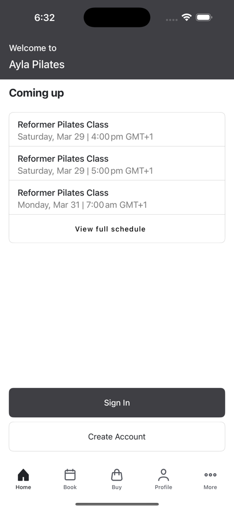 Home screen of the Ayla Pilates app showing a list of upcoming reformer classes and buttons to sign in or create an account