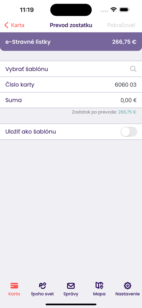 A mobile app interface for transferring e-meal voucher balances with a current balance of 266.75 Euros