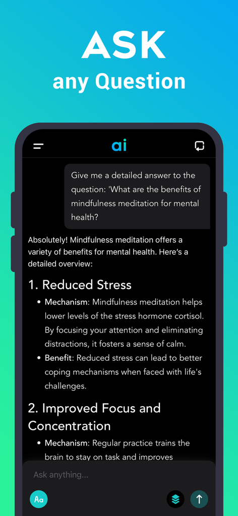 Chat AI - Personal Assistant - Screenshot of Chat AI personal assistant app providing a detailed answer to a user question about mindfulness.