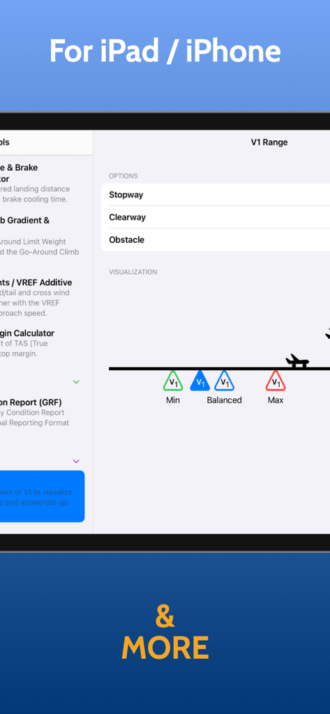 B737 Performance Handbook app interface showing the V1 range calculation and visualization tool