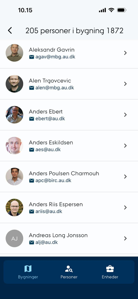 AU Find - A list of staff and faculty members with contact information within the AU Find mobile application