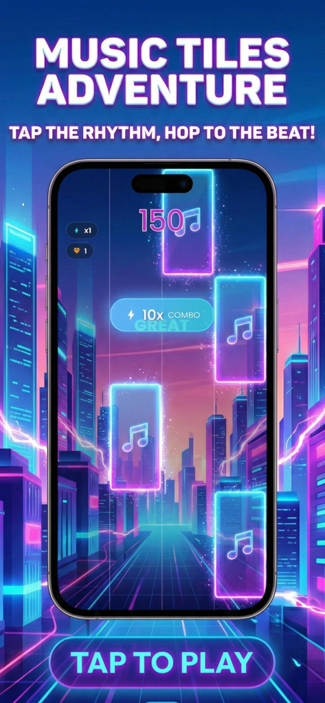 Music Tiles 4: Piano Tiles - Music Tiles 4 gameplay showing neon musical tiles on a smartphone with a futuristic city background.