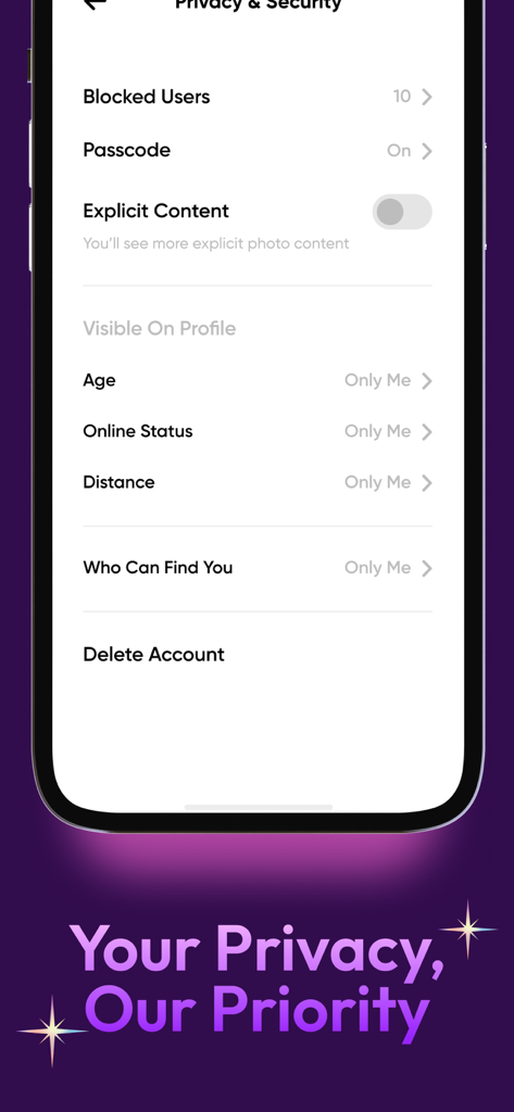 Privacy and security settings screen in the Kasual app showing options for profile visibility, blocked users, and passcode protection.