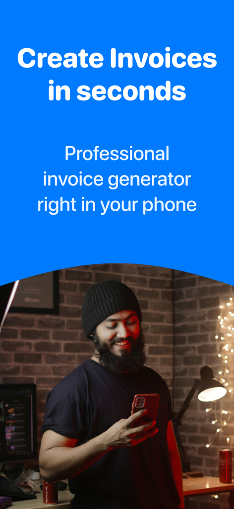 Easy Invoice Maker • Estimate - A professional man using the easy invoice maker app on his phone to create invoices in seconds