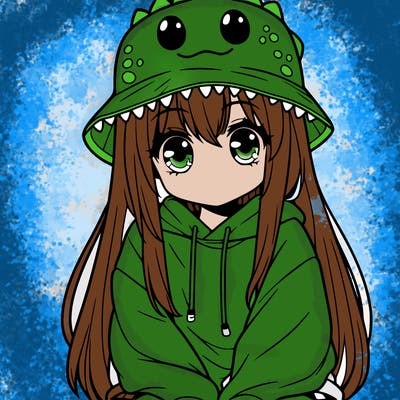 girl with anime shaped eyes with a dinosaur bucket hat oversized sweatshirt long straight hair