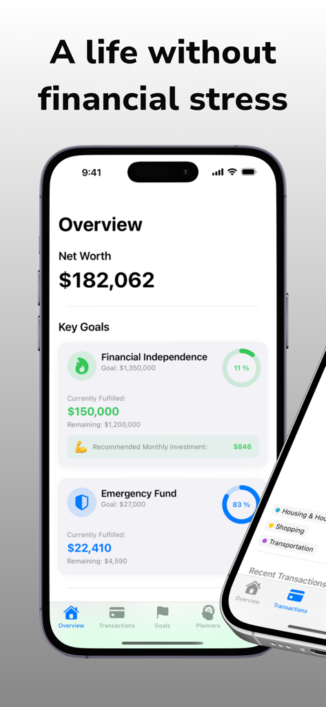 Profiro: FIRE & Budget Planner - Profiro app dashboard showing net worth tracking and progress indicators for financial independence and emergency fund goals