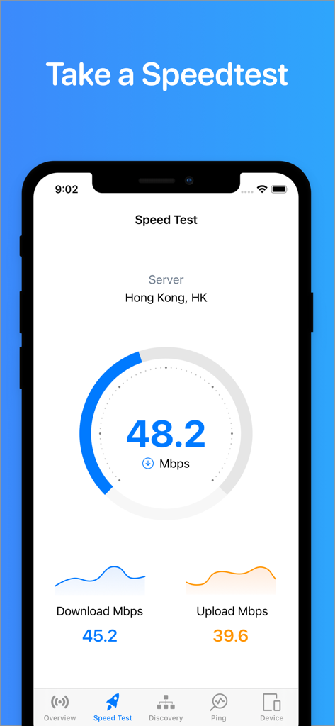 ダウンロードおよびアップロードメトリクスを含むインターネット速度テストを表示するモバイルアプリインターフェース