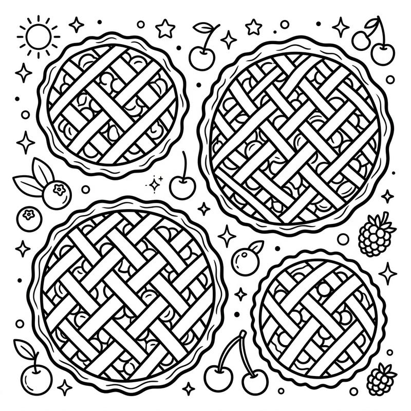 Dive into summer sweetness with this delightful cherry pies coloring page, perfectly designed for kids. Featuring four yummy pies surrounded by berries and sunshine, it promises hours of warm-weather artistic fun.