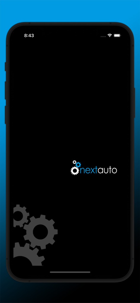 Pantalla de inicio de la aplicación NextAuto con el logo e iconos de engranajes