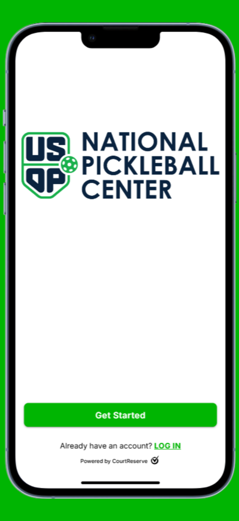 National Pickleball Center app welcome screen with Get Started button