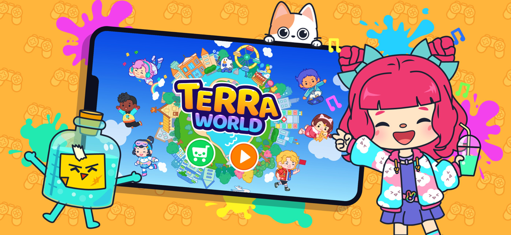 Terra World: Avatar Maker Life - Menú principal de la aplicación Terra World Avatar Maker Life con lindos personajes de dibujos animados y una pantalla de título vibrante.