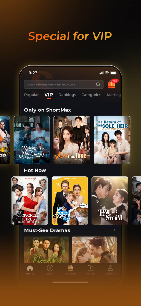 ShortMax - Watch Dramas & Show - Interface de l'application ShortMax présentant des drames courts et des films exclusifs VIP.