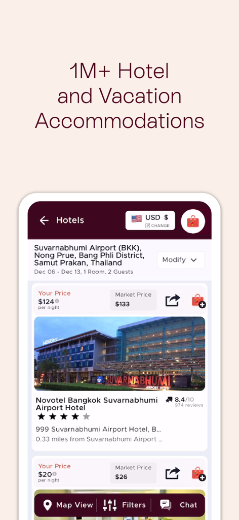 Mondee app interface showing hotel search results with exclusive member pricing and accommodation details
