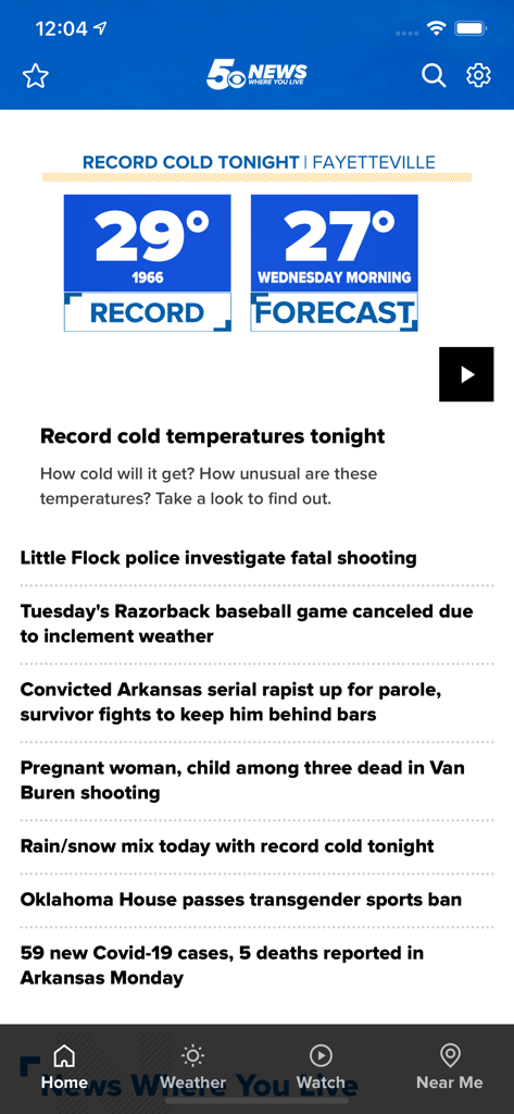 The 5NEWS Northwest Arkansas mobile app home screen with weather alerts and local news headlines.