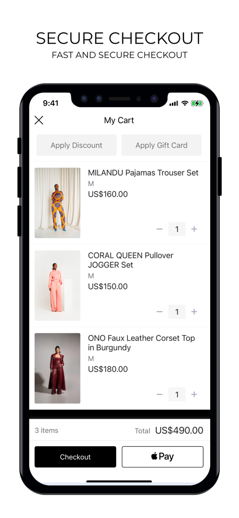 OFUURE - OFUURE mobile app shopping cart screen displaying clothing items and secure checkout buttons