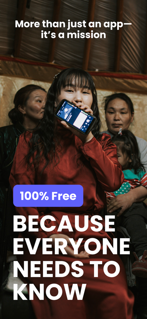 MessengerX App - A woman holding a smartphone showing the MessengerX app in a community setting with text about its global mission