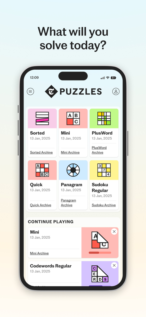 Telegraph Puzzles - Telegraph Puzzles app home screen showing daily games like Crosswords and Sudoku
