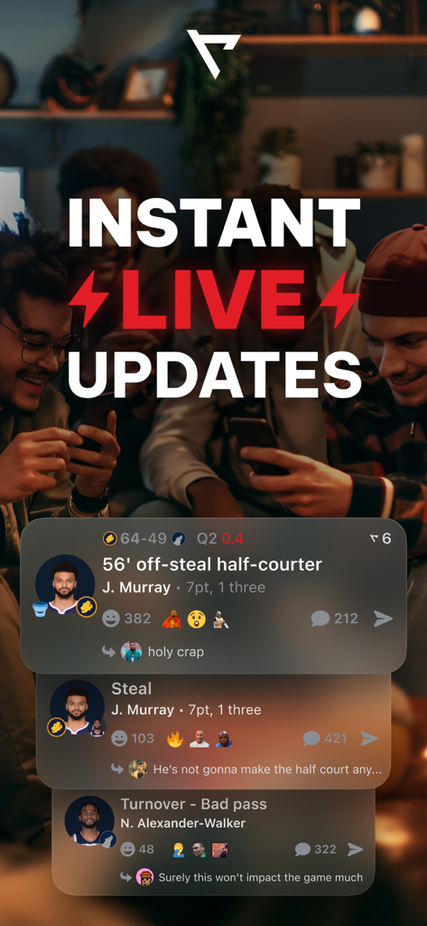 A smartphone screen displaying instant live basketball play-by-play updates and real-time fan reactions on the Real Sports app.