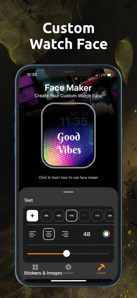 An iPhone screen showing the Face Maker tool for designing custom Apple Watch faces with personalized text and fonts