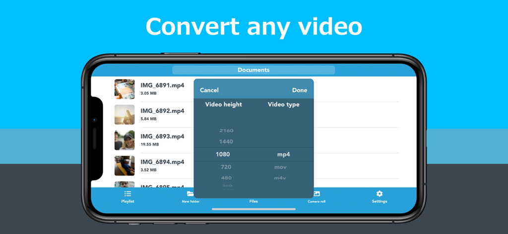 Interface of the Video Converter app showing options to select video height and format