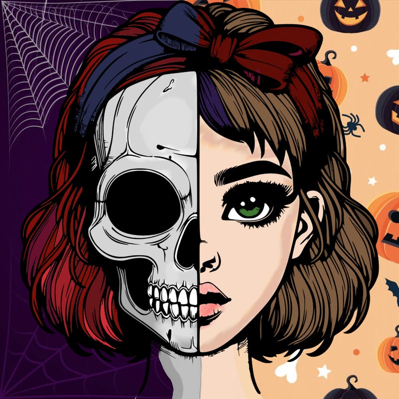 realistic girl with half skull mask