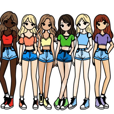 a group of girls wearing crop tops and shorts