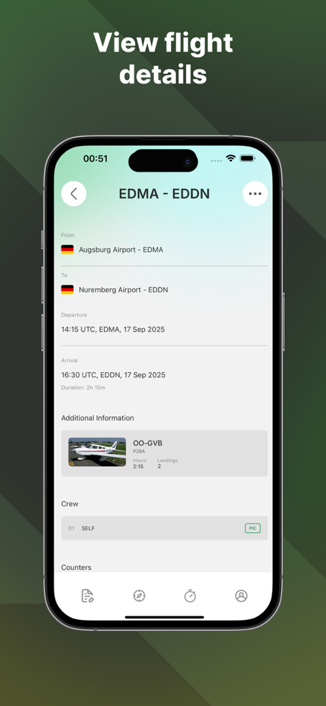 Avilog - Avilog app interface displaying flight route and pilot log details