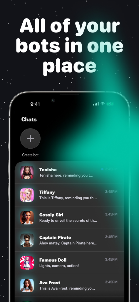 A list of various AI chat bot characters in the Matcha mobile app interface.