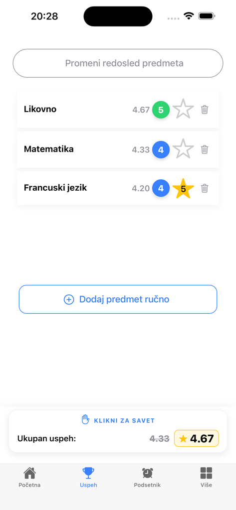 Malo Fali - uspeh - Interface do aplicativo Malo Fali exibindo uma lista de disciplinas escolares com suas médias atuais e metas de GPA