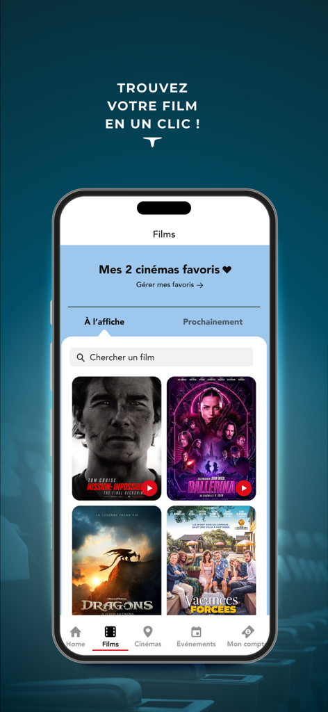 CGR Cinémas - CGR Cinémas app interface displaying movie posters and a search bar