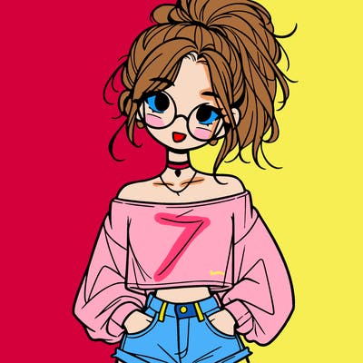 girl with a messy ponytail glasses a baggy crop top and jean shorts