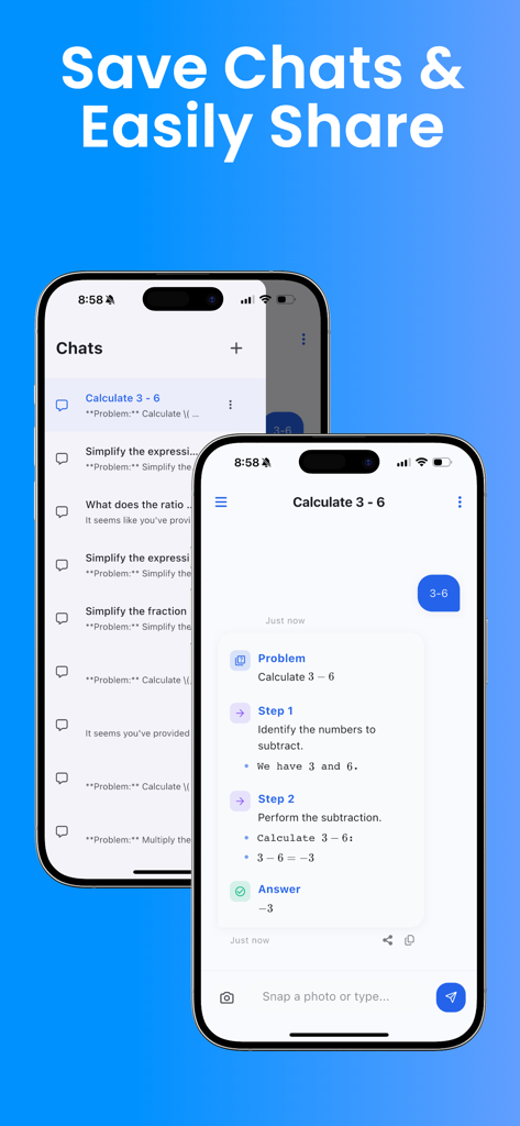 Math Picture Solver - Math Picture Solver app interface showing a list of saved math conversations and a detailed step by step solution for a problem