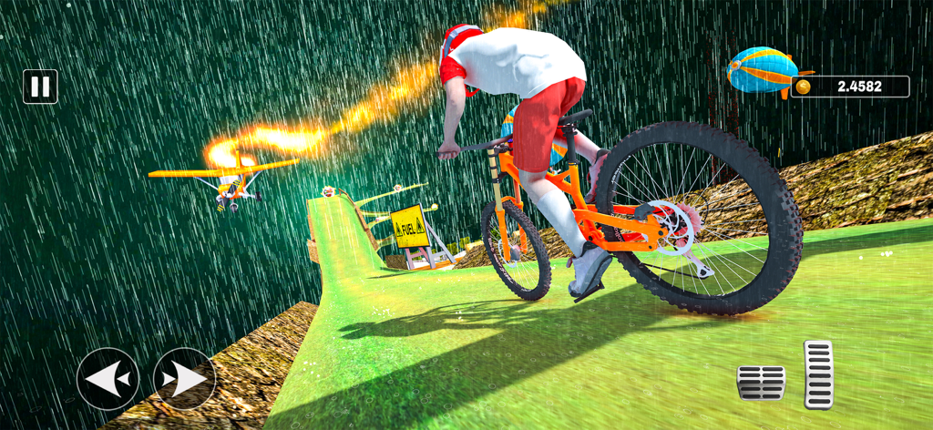 Bmx Skate Bicycle Games - Jugabilidad de carreras de bicicletas de montaña 3D que muestra a un personaje en una rampa bajo la lluvia