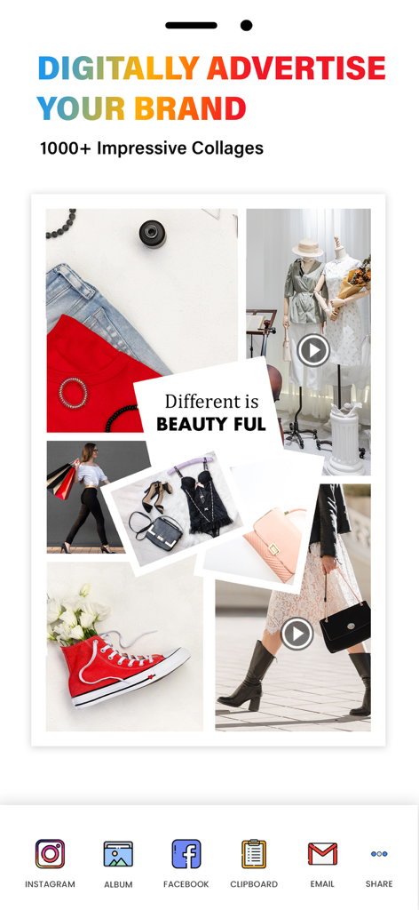 Interface de um aplicativo criador de colagens mostrando um layout de foto e vídeo com tema de moda para publicidade de marca digital.